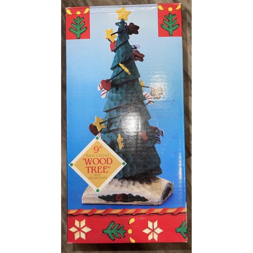 Vintage 1994 9" Hand Carved Wood Christmas Tree with decorations wood ornaments
